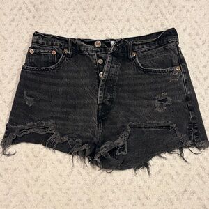 Zara Black Distressed Denim Shorts Button Fly Womens Size 8 Festival Grunge Rave